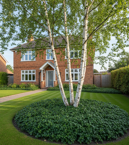 volgroeide Betula Utilis meerstammig met schaduwkruid pachysandra onderbeplanting