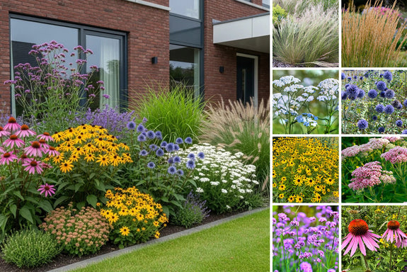 Borderpakket Dries - Complete prairietuin - Siergras en vaste planten - Paars, roze, wit & geel - Halfschaduw & Zon