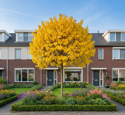 sfeerbeeld - volgroeide botcatalpa op stam bignonioides Aurea met borderbeplanting en ilex haagje in voortuin.