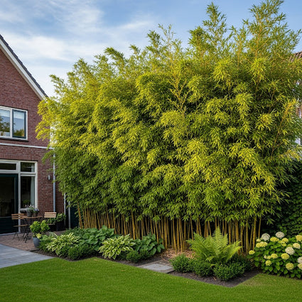 ai sfeerbeeld van hoge haag 5 meter met wintergroene hotei bamboe