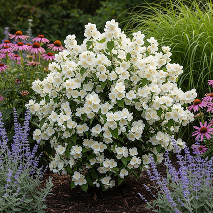 ai sfeerbeeld van philadelphus snowbelle boerenjasmijn met kattenkruid, zonnehoed en pijpestrootje siergras