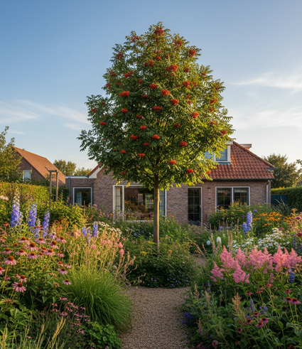 Sorbus commixta hoogstam boom na ankele jaren - sfeerbeeld in tuin met vaste planten borders