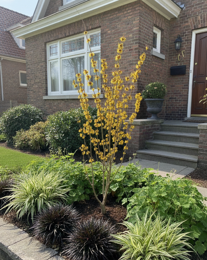 Gele toverhazelaar met zegge (carex ice dance), zwart gras (ophiopogin niger) en rotsooievaarsbek (geranium)