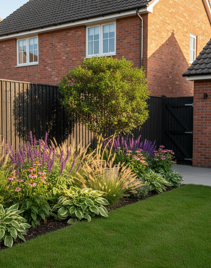 wintergroene Osmanthus burkwoodii solitaire, meerstammige in vaste planten border met salie, hosta, rode zonnehoed en lampenpoetsersgras