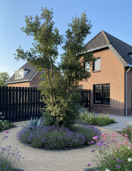 quercus suber multistam meerstammige kurkeik in border met lavendel