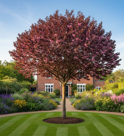 royal burgundy prunus sierkers hoogstam boom vaasvormige kroon - sfeerfoto van volgroeide boom
