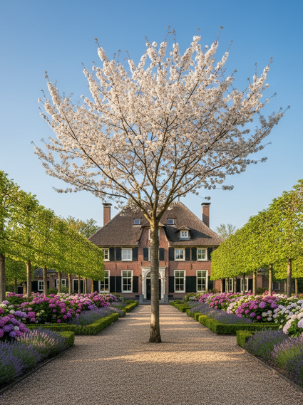 sfeerbeeld na enkele groeijaren van de sierkers prunus umineko op hoge stam