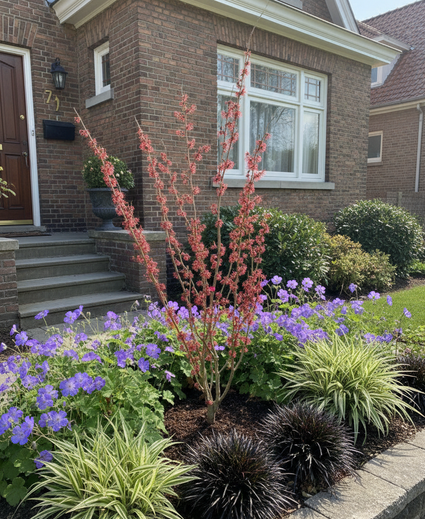 ai sfeerinmpressie van bloeiende, rode toverhazelaar ruby glow met geranium rozanne (bloeit pas later), carex ice dance en ophiopogon niger.