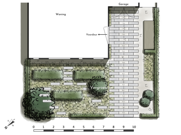 Voortuin Tuinontwerp Lianne - Strakke voortuin met veel groen