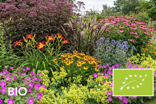 Biologische langbloeiers: bio border met daglelie, zonnekruid en kogeldistel, EU-biologisch gecertificeerd (Skal 116581)
