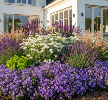 achillea schneetaler met Salie 'Salvia' caradonna

Lavendel intermedia dutch

Siergrassen zoals Vedergras 'Stipa' en Lampenpoetsersgras 'Pennisetum'.

Wintergroene Wolfsmelk 'Euphorbia'

Klokjesbloemen 'Campanula' als randbeplanting