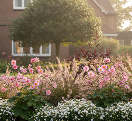 Anemone hupehensis 'Praecox' met herfaster schneekissen aan de rand , pennisetum hameln en zilverkaars brunette achteraan