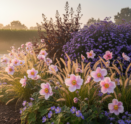 Anemone x hybrida 'Königin Charlotte' met zilverkaars brunette en herfaster rudolf goethe en pennisetum hameln met ooievaarsbek rozanne