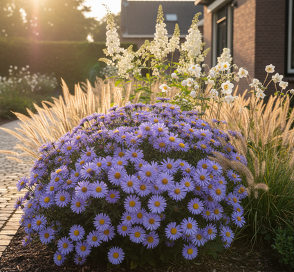 Voorbeeld combinaties Aster x frikartii 'Mönch' Met Herfstanemoom praecox, Zilverkaars racemosa en Lampenpoetsersgras Pennisetum hameln in border