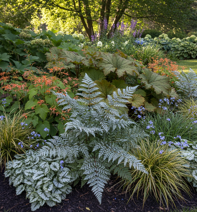 Athyrium niponicum 'Metallicum' in schaduw border met elfenbloem,, rodgersia, brunnera en zegge carex