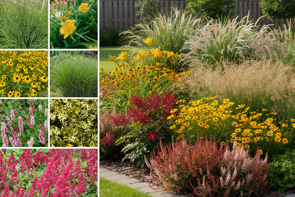 Borderpakket Ilse - Vaste planten & siergras - Rood & Geel - Halfschaduw & Zon