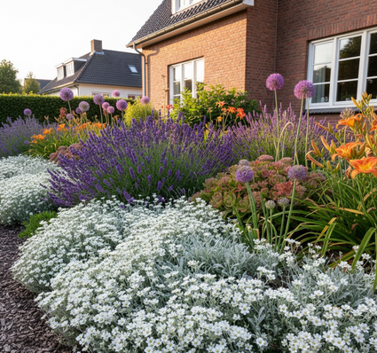 Cerastium tomentosum combinaties met lavendel, sieruien 'Allium', daglelies 'hemerocallis', oranje/rood en vetkruid 'sedum'