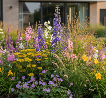 Delphinium 'Blue Bird' combineren met: Duizenblad 'Achillea'

Ooievaarsbek 'Geranium'

Daglelie 'Hemerocallis'

Kaasjeskruid 'Malva'

Prachtkaars 'Gaura'

Salie 'Salvia'

met allerlei siergrassen zoals Lamepoetsersgras 'Pennisetum' en Pijpestrootje 'Molinia' 