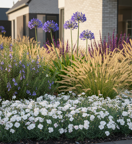 combinatie met vedergras stipa, rozemarijn 'rosmarinus', salie 'salvia' en afrikaanse lelie 'agapanthus'
