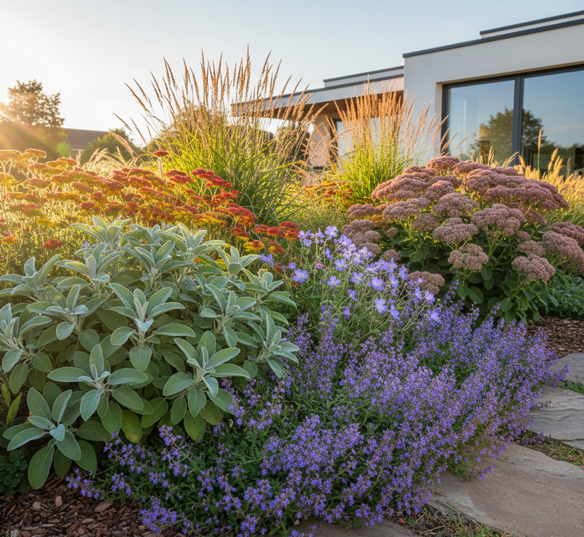 Salvia off. 'Berggarten' met Kattenkruid, Ooievaarsbek rozanne, Duizendblad paprika, lampenpoetsersgras hameln en Sedum matrona