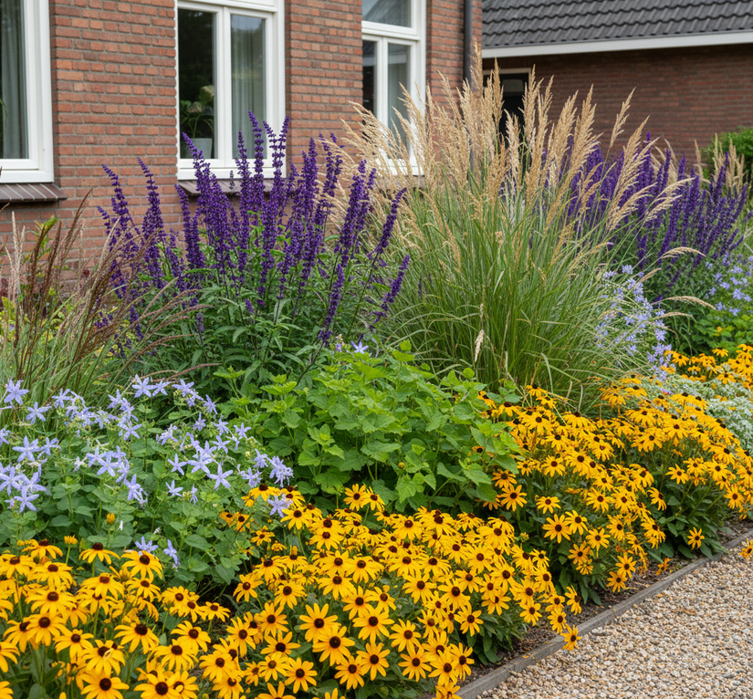 Lage gele Zonnehoed Rudbeckia little goldstar in border met Salie 'Salvia' Mainacht

Lampenpoetsersgras 'Pennisetum' hameln

Pijpestrootje 'Molinia' moorhexe siergras

Wolfsmelk 'Euphorbia' wintergroen!

Stermaagdenpalm 'Amsonia'