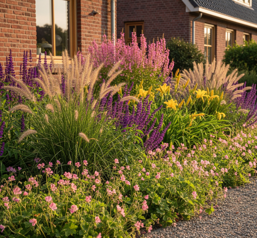 Geranium endressii 'Wargrave Pink' met brandkruid roze, daglelie 'hemerocallis, salie caradonna, lampenpoetsersgras, zwarte ereprijs