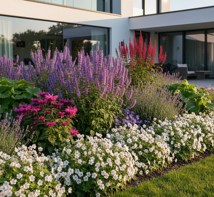 geranium sang. album combineren met Duizendknoop 'Persicaria'

Dropplant 'Agastache' 

Bergamotplant 'Monarda'

Klokjesbloem 'Campanula'

Lavendel

Smeerwortel ' Symphytum'