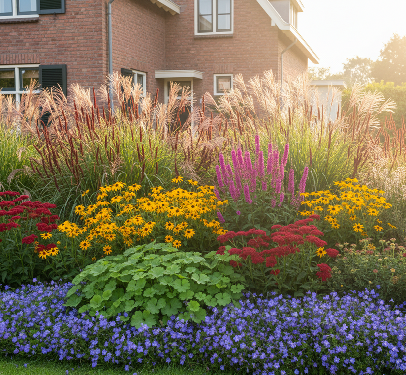 Lythrum sal. Robert in border met Prachtriet 'Miscanthus', Duizendknoop 'Persicaria' blackfield, Gele Zonnehoed 'Rudbeckia', Vrouwenmantel 'Alchemilla', Tuingeranium rozanne aan de rand en Duizendblad 'Achillea' cerise queen