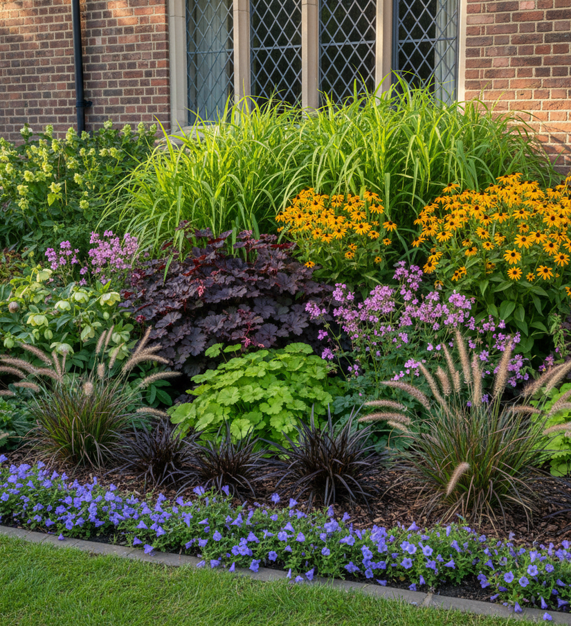 carex pendula met 
Kerstroos 'Helleborus' 

Purperklokje 'Heuchera'

Ooievaarsbek 'Geranium' zoals rotsooievaarsbek

Lampenpoetsersgras 'Pennisetum' siergrassen

Vrouwenmantel 'Alchemilla' 

Gele Zonnehoed 'Rudbeckia'

Klokjesbloem 'Campanula' wintergroene, als randbeplanting

Zwart gras ophiopogon planiscapus 'niger'
