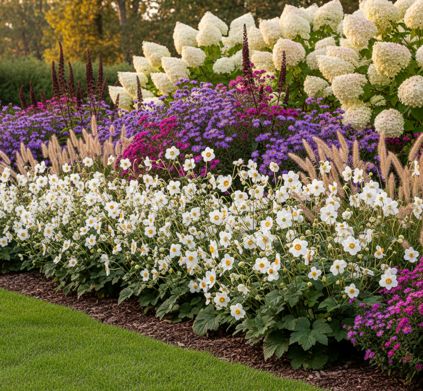 Anemooon Whirlwind combineren met Herfstasters 'Asters'
Zilverkaars 'Actaea'
Lampenpoetsersgras 'Pennisetum' siergrassen en Pluimhortensia's achteraan