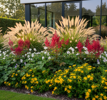 Hypericum calycinum met astilbe fanal, rotsooievaarsbek wit, vinca major en lampenpoetsersgras hameln in bedrijfstuin beplanting