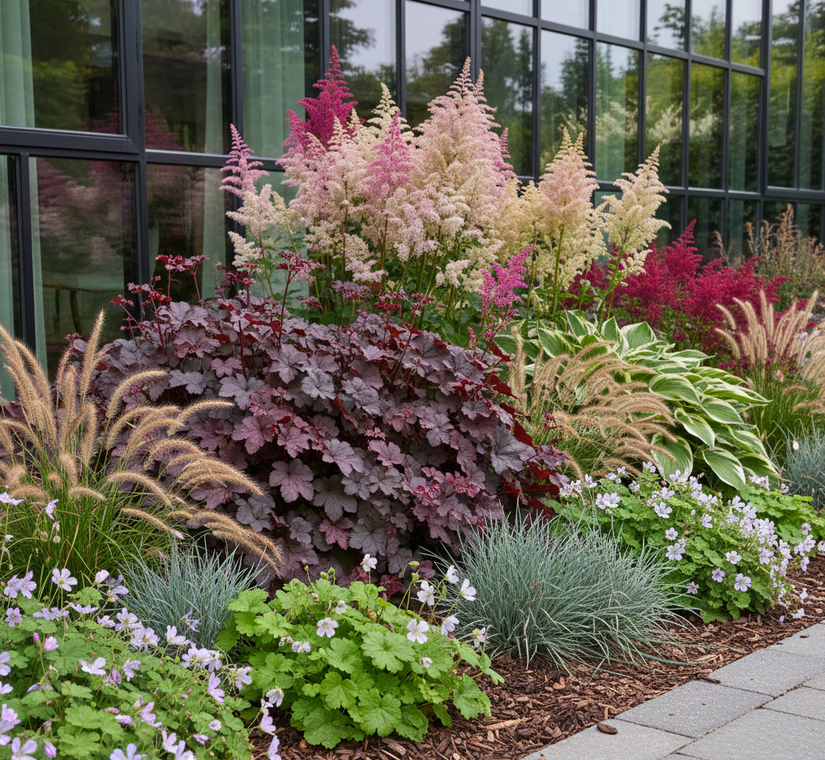 heuchera plum pudding met Fraaie vrouwenmantel 'Alchemilla'

Ooievaarsbek 'Tuingeraniums' aan de rand

Blauw Schapengras 'Festuca' en Vedergras 'Stipa' ponytails

Hosta Hartlelie (rustige bladplanten voor in de schaduw)

Astilbe's Spirea achteraan