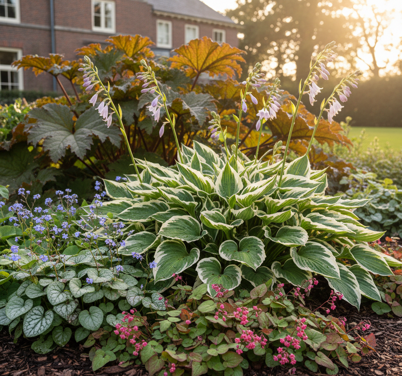 Hosta 'Undulata Albomarginata' met Elfenbloem rubrum ervoor, Brunnera sea heart ernaast en Rodgersia er achter - maak speelse groepjes per soort