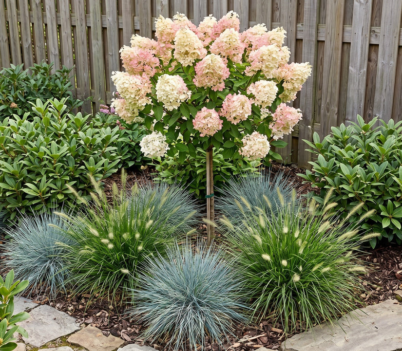 Hydrangea paniculata Candlelight halfstam met blauw schapengras, skimmia en lampenpoetsersgras pennisetum hameln