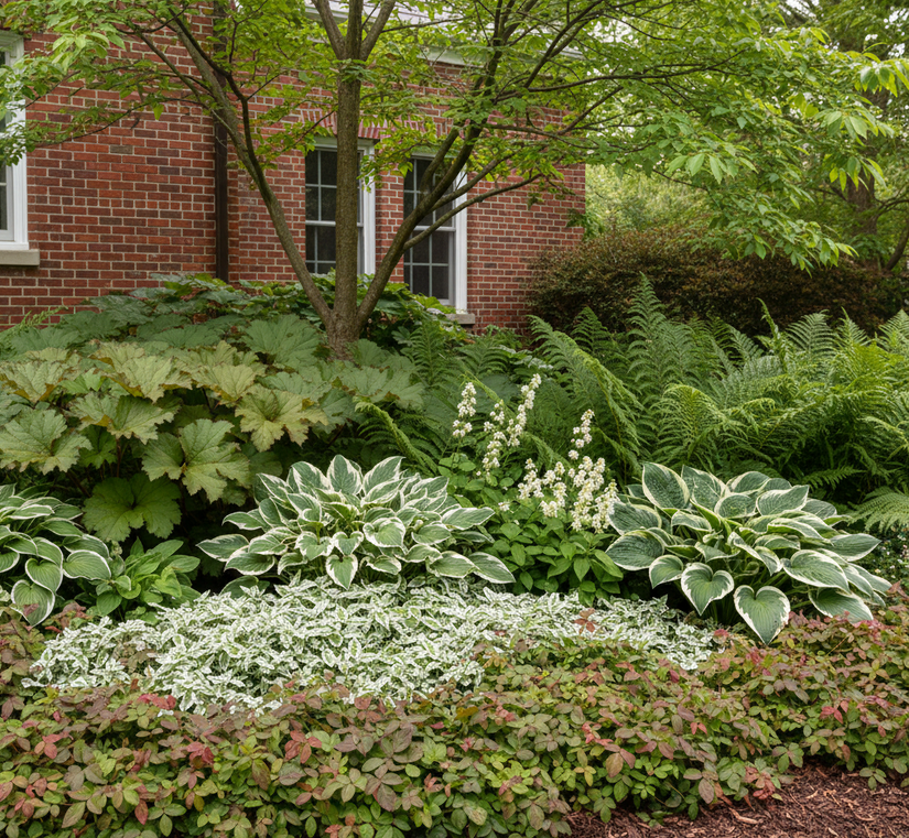 Lamiastrum galeobdolon 'Florentinum' met Tuinvarens zoals Struisvaren (Matteuccia)

Elfenbloem 'epimedium' aan de rand

Hosta's, grote blad steekt mooi af

Schout-bij-nacht 'Rodgersia' (erachter)

Perzische Muts 'Tiarella'