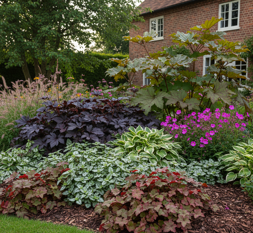Lamiastrum galeobdolon 'Herman's Pride' met Hartlelie 'Hosta' (in de schaduw)

Ooievaarsbek 'Geranium', zoals rotsooievaarsbek

Purperklokje 'Heuchera' donkerpaars

Elfenbloem 'Epimedium' rubrum als randbeplanting