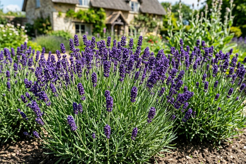 Lavandula angustifolia Hidcote lavender growing in a sunny garden