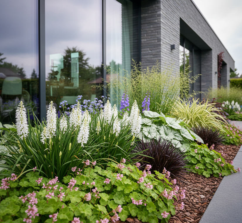 Leliegras wit - Liriope monroe white met Kaukasisch vergeet mij nietje 'Brunnera' er achter in schaduw

Elfenbloem 'Epimedium' als randbeplanting schaduw 

Ruwe Smele 'Deschampsia' siergrassen en Zwart Gras 'Ophiopogon Niger'