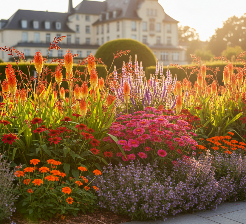 Montbretia Crocosmia lucifer met rode Zonnehoed 'Echinacea'

Vuurpijl 'Kniphofia' royal castle ernaast/ervoor

Nagelkruid 'Geum' borisii (oranje)

Dropplant 'Agastache' black adder (midden)

Kattenkruid 'Nepeta' aan de rand