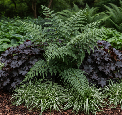 Polystichum setiferum 'Herrenhausen' met purperklokje obsidian en zegge carex ice dance