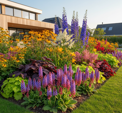 Orchideeprimula gecombineerd met heuchera, astilbe, helenium, ridderspoor en hemercoallis in levedige border