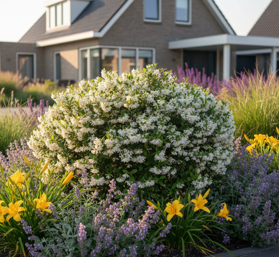 Osmanthus Delavayi struik combinatie met daglelies en kattenkruid