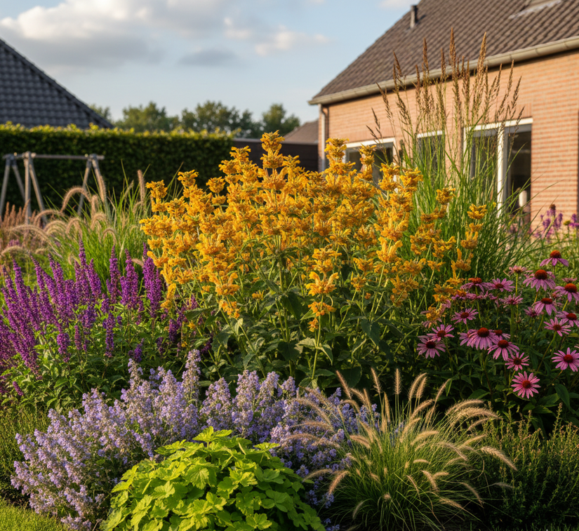 Brandkruid  Phlomis russeliana met Rode Zonnehoed 'Echinacea', Kattenkruid 'Nepeta', Salie 'Salvia', Struisriet 'Calamagrostis' en Vedergras 'Stipa'