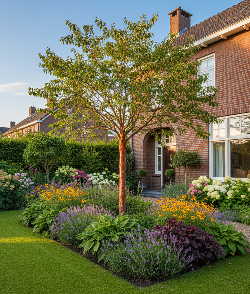 prunus serrula hoogstam boom - sierkers in voortuin border