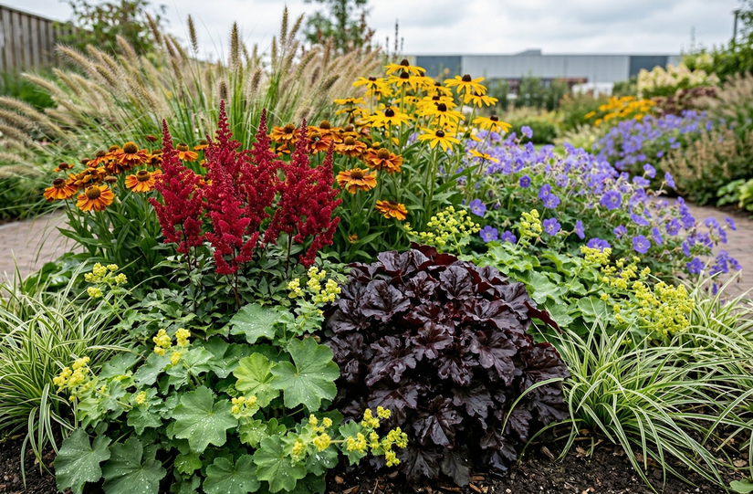 Heuchera 'Binoche' met Spierstruik 'Astilbe' fanal
Vrouwenmantel 'Alchemilla' mollis
Zegge 'Carex' ice dance
Gele Zonnehoed 'Rudbeckia'
Zonnekruid 'Helenium' 
Lampenpoetsersgras 'Pennisetum' en
Ooievaarsbek Tuingeraniums rozanne