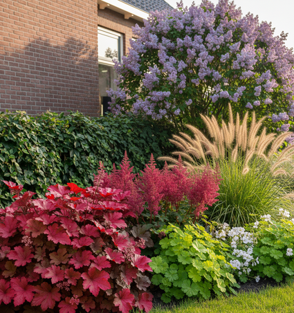 Heuchera 'Fire chief' in border met astilbe fanal, vrouwenmantel 'alchemilla', rotsooievaarsbek wit, lampenpoetsersgras 'Hameln', bloeiende sering op achtergrond en hedera haag