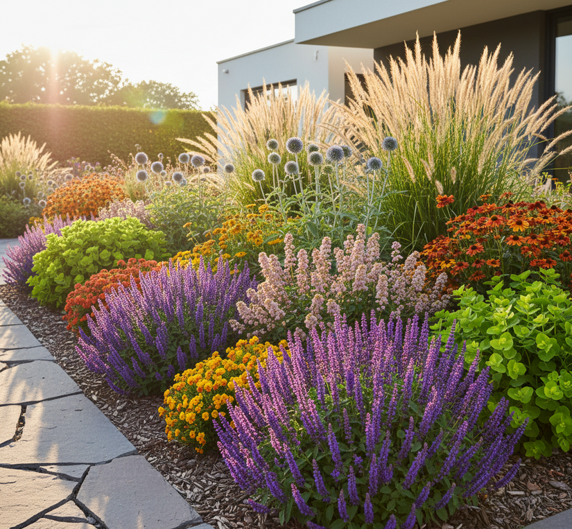 Salie Salvia blue sensation in border met Steenraket 'Erysimum', Lampenpoetsersgras, Zonnekruid 'Helenium', Kogeldistel 'Echinops', wintergroene Wolfsmelk 'Euphorbia'