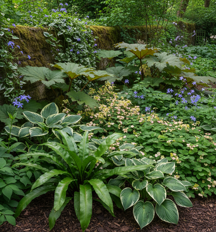 Tongvaren Asplenium Scolopendrium (vooraan) met bonte Hartlelie 'Hosta'

Elfenbloem 'Epimedium'

Maagdenpalm 'Vinca' Major

Schout bij Nacht 'Rodgersia'

Kaukasisch vergeet mij nietje 'Brunnera' (blauw)
