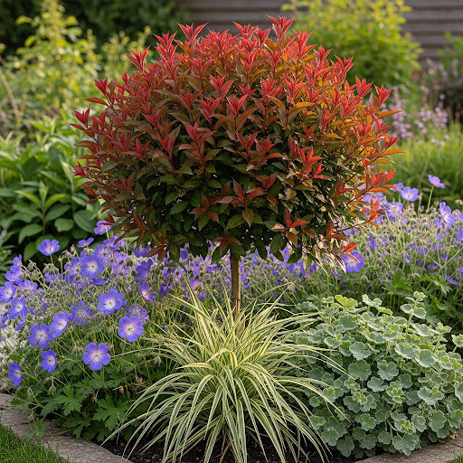 ai sfeerbeeld weigelia op stam met zegge carex ice dance, vrouwenmantel alcehmilla, geranium rozanne