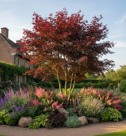 meerstammige acer bloodgood in border met lampenpoetsersgras, pluimspirea en hosta's. 